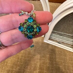 Very Unique Green and Teal Crystal Pendant Necklace